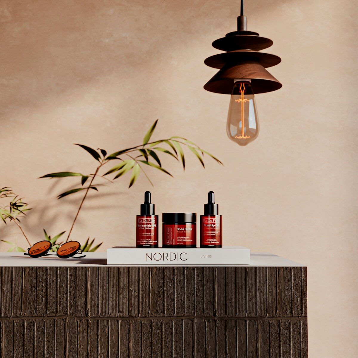 Skincare bottles and jar on shelf with plant.